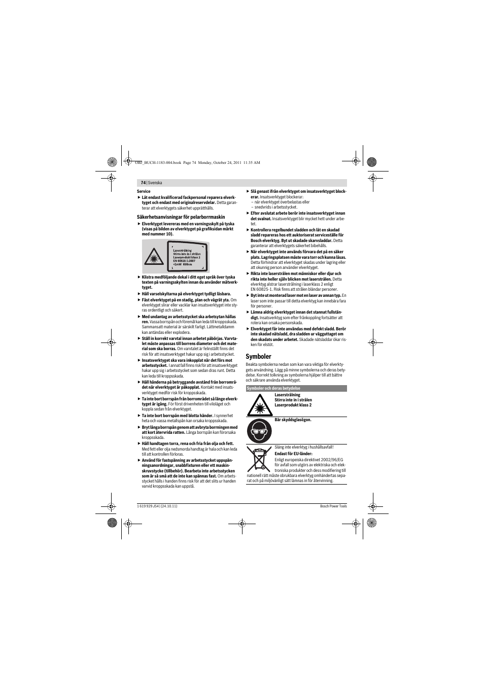 Symboler | Bosch PBD 40 User Manual | Page 74 / 221