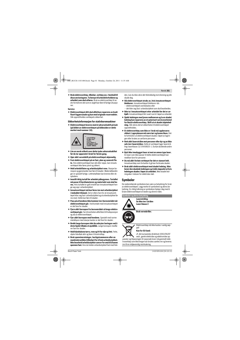 Symboler | Bosch PBD 40 User Manual | Page 81 / 221
