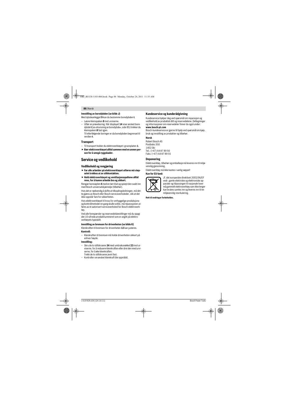 Service og vedlikehold | Bosch PBD 40 User Manual | Page 86 / 221