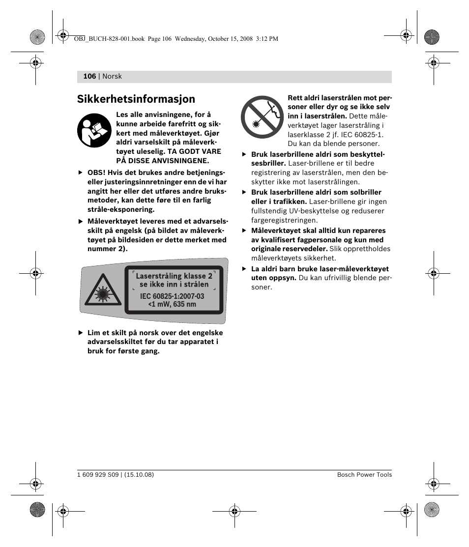 Sikkerhetsinformasjon | Bosch GTL 3 Professional User Manual | Page 106 / 368