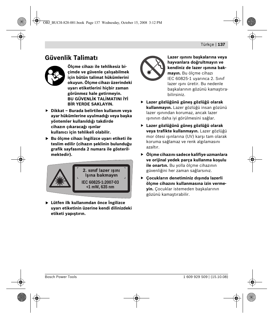 Güvenlik talimat | Bosch GTL 3 Professional User Manual | Page 137 / 368