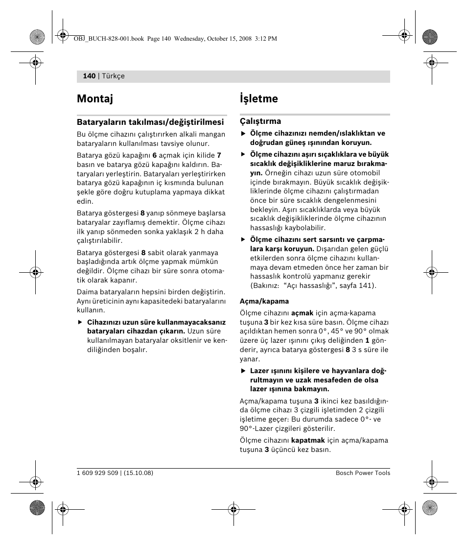 Montaj, Işletme | Bosch GTL 3 Professional User Manual | Page 140 / 368