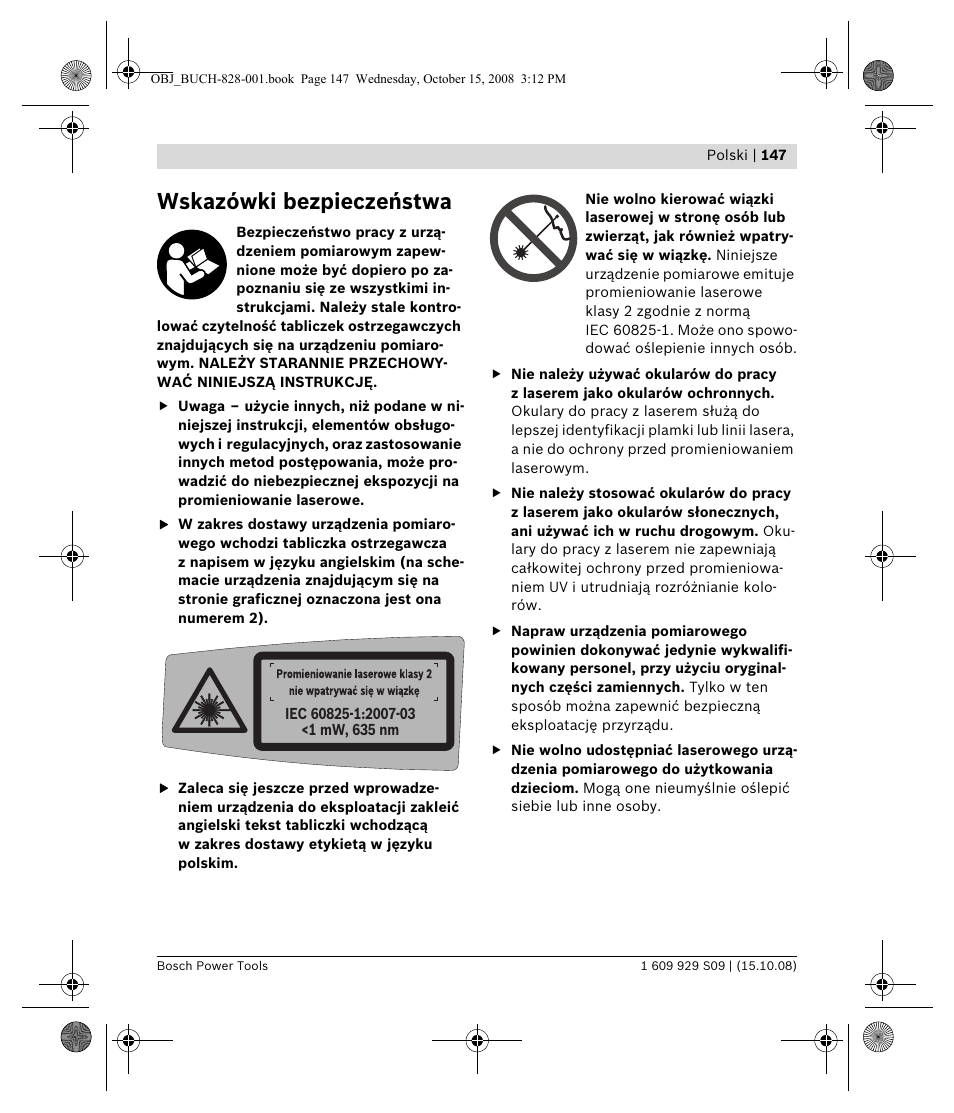 Wskazówki bezpieczeństwa | Bosch GTL 3 Professional User Manual | Page 147 / 368