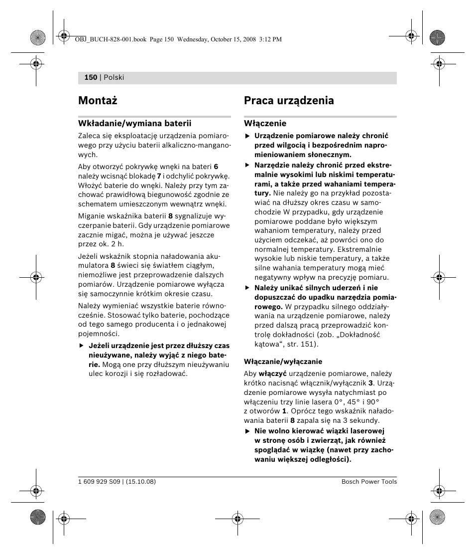 Montaż, Praca urządzenia | Bosch GTL 3 Professional User Manual | Page 150 / 368