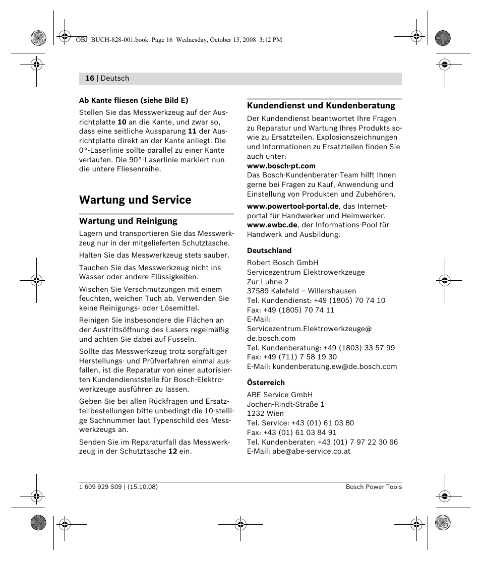 Wartung und service | Bosch GTL 3 Professional User Manual | Page 16 / 368