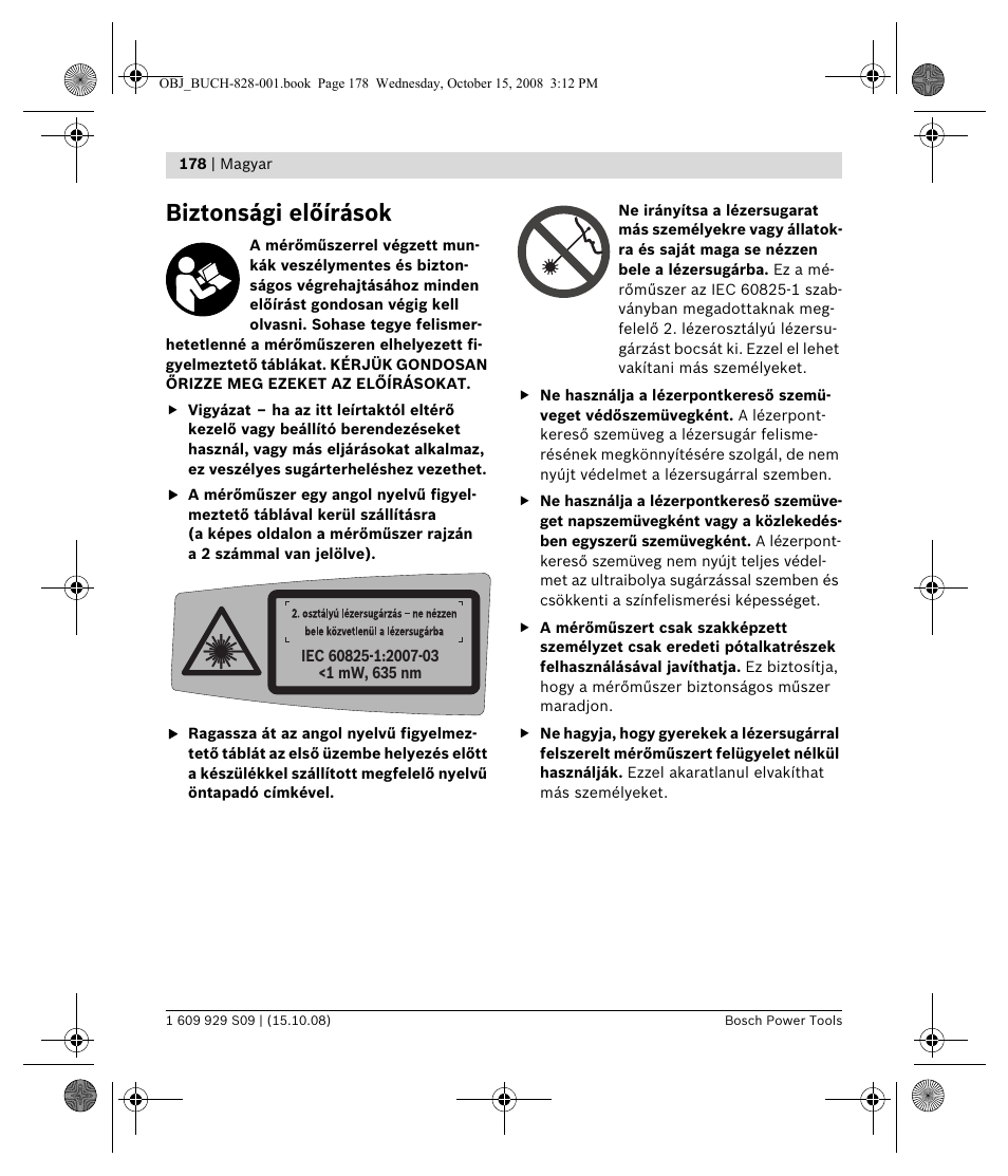 Biztonsági előírások | Bosch GTL 3 Professional User Manual | Page 178 / 368