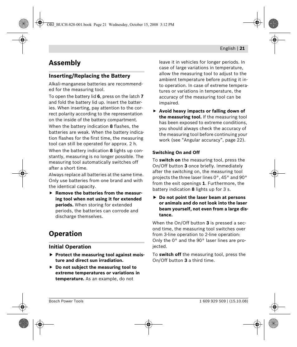 Assembly, Operation | Bosch GTL 3 Professional User Manual | Page 21 / 368