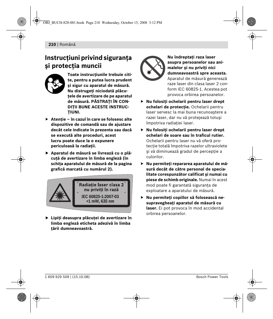 Instrucţiuni privind siguranţa şi protecţia muncii | Bosch GTL 3 Professional User Manual | Page 210 / 368