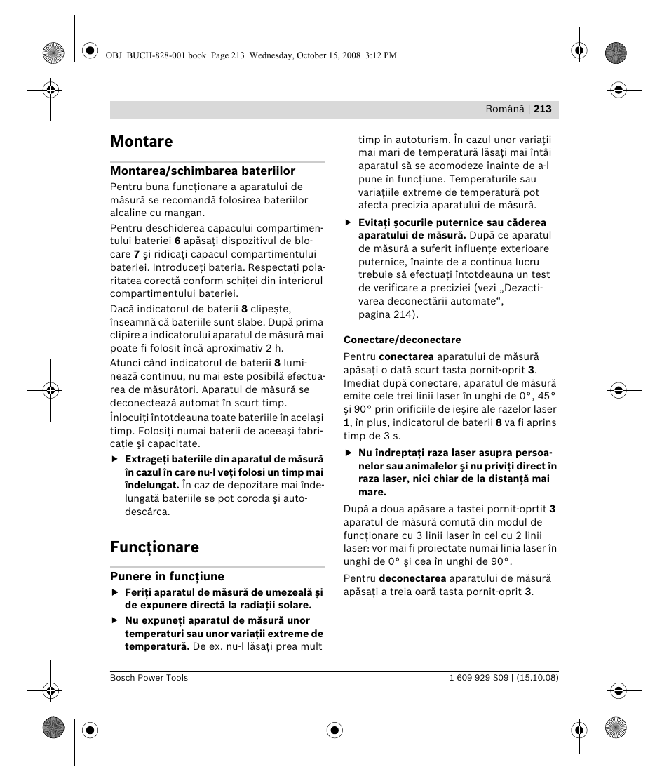 Montare, Funcţionare | Bosch GTL 3 Professional User Manual | Page 213 / 368