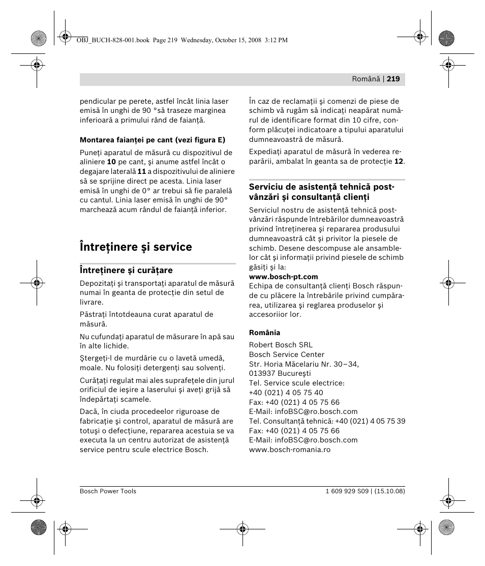 Întreţinere şi service | Bosch GTL 3 Professional User Manual | Page 219 / 368