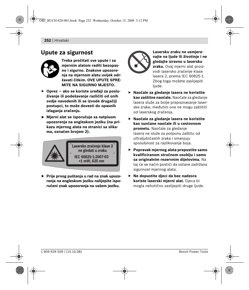 Upute za sigurnost | Bosch GTL 3 Professional User Manual | Page 252 / 368