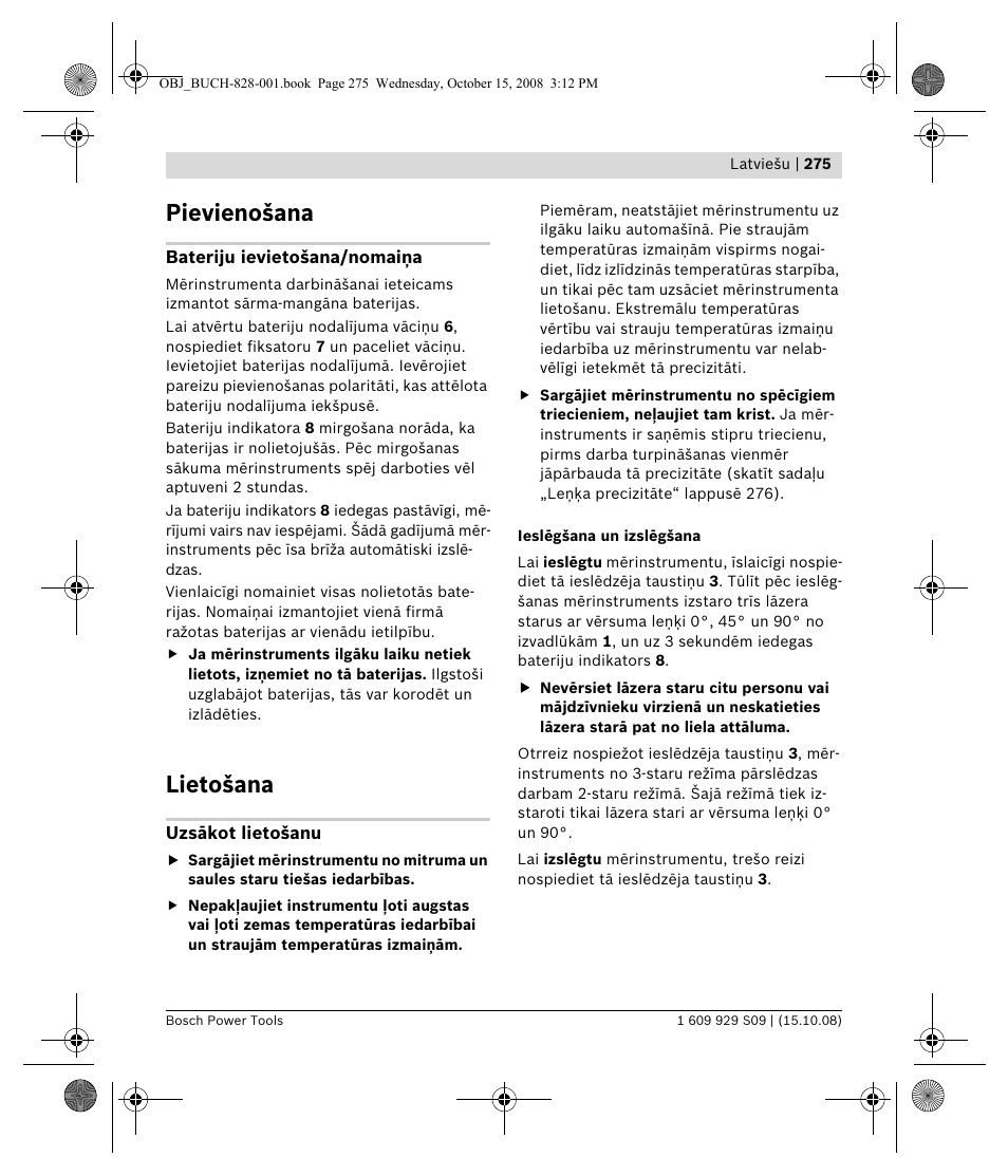 Pievienošana, Lietošana | Bosch GTL 3 Professional User Manual | Page 275 / 368