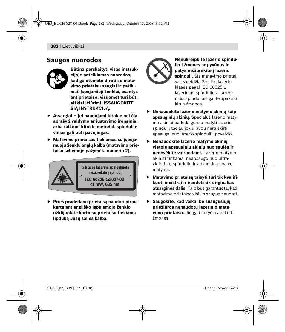Saugos nuorodos | Bosch GTL 3 Professional User Manual | Page 282 / 368