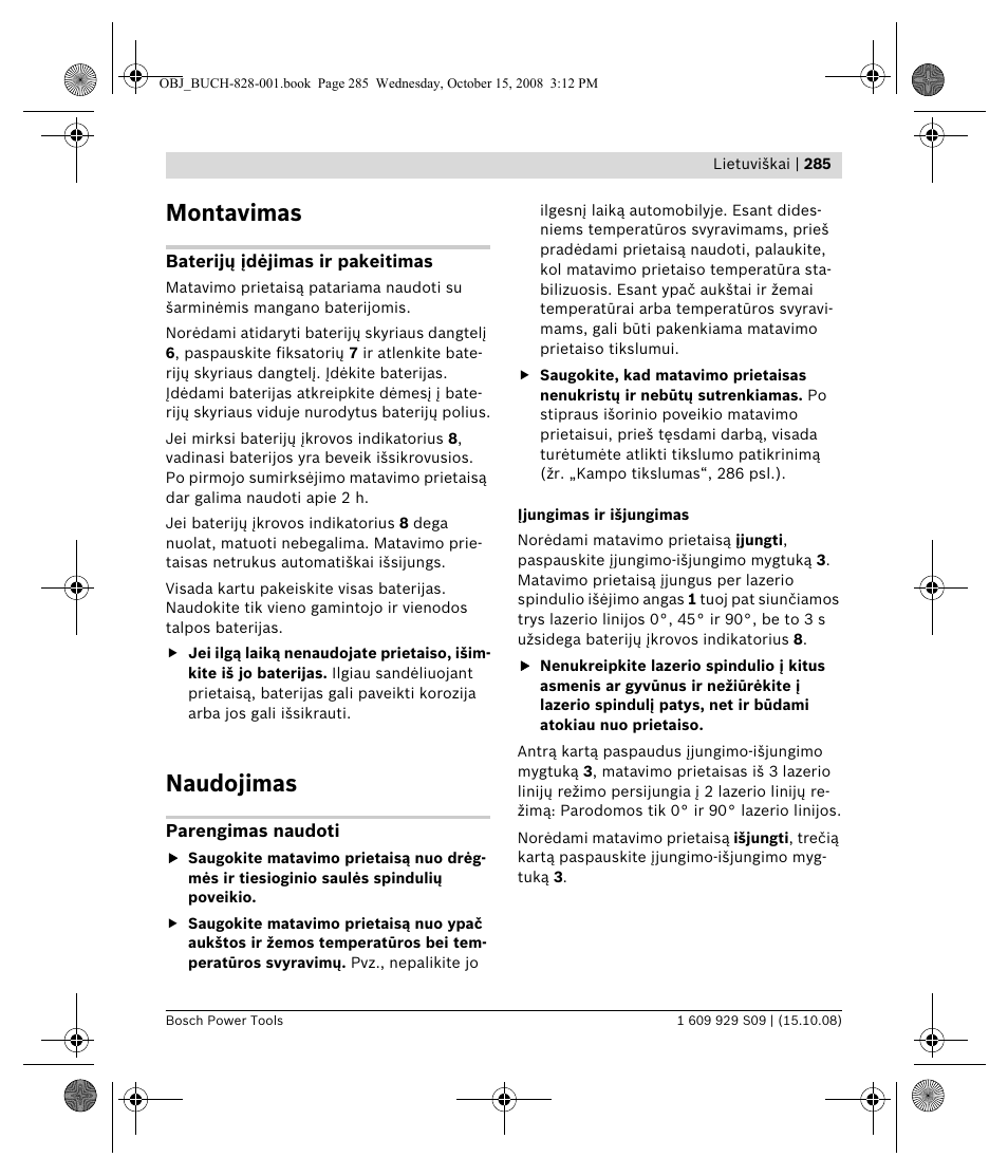 Montavimas, Naudojimas | Bosch GTL 3 Professional User Manual | Page 285 / 368