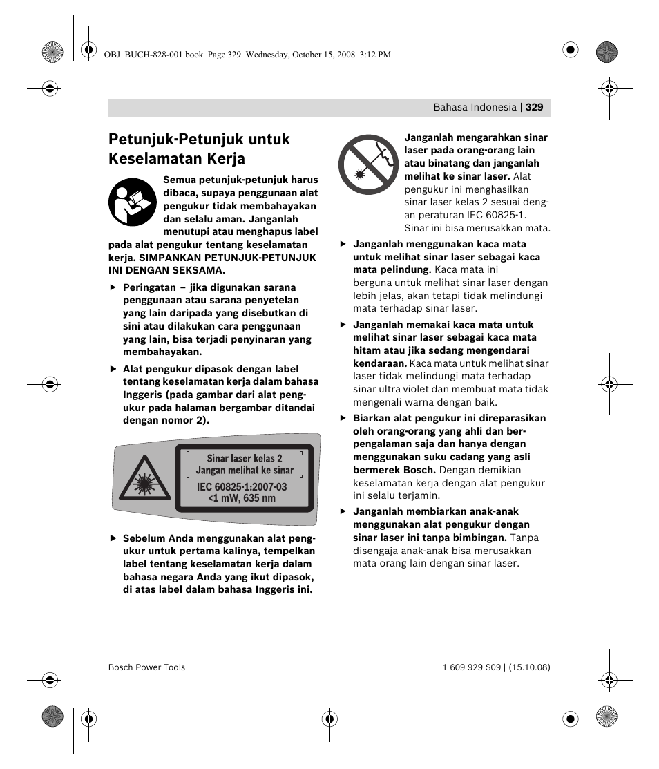Petunjuk-petunjuk untuk keselamatan kerja | Bosch GTL 3 Professional User Manual | Page 329 / 368