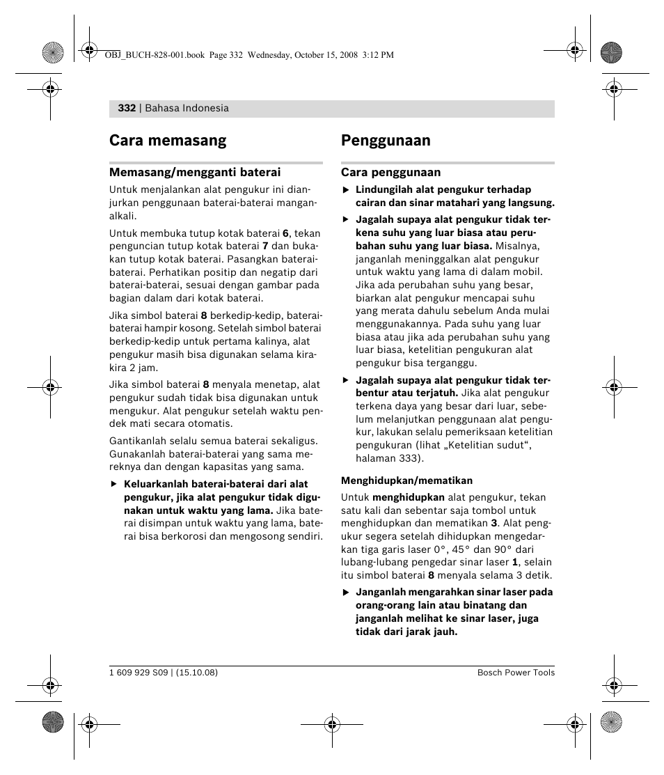 Cara memasang, Penggunaan | Bosch GTL 3 Professional User Manual | Page 332 / 368