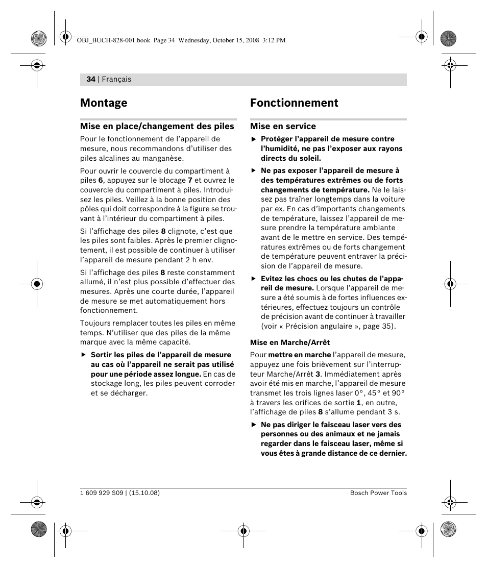 Montage, Fonctionnement | Bosch GTL 3 Professional User Manual | Page 34 / 368