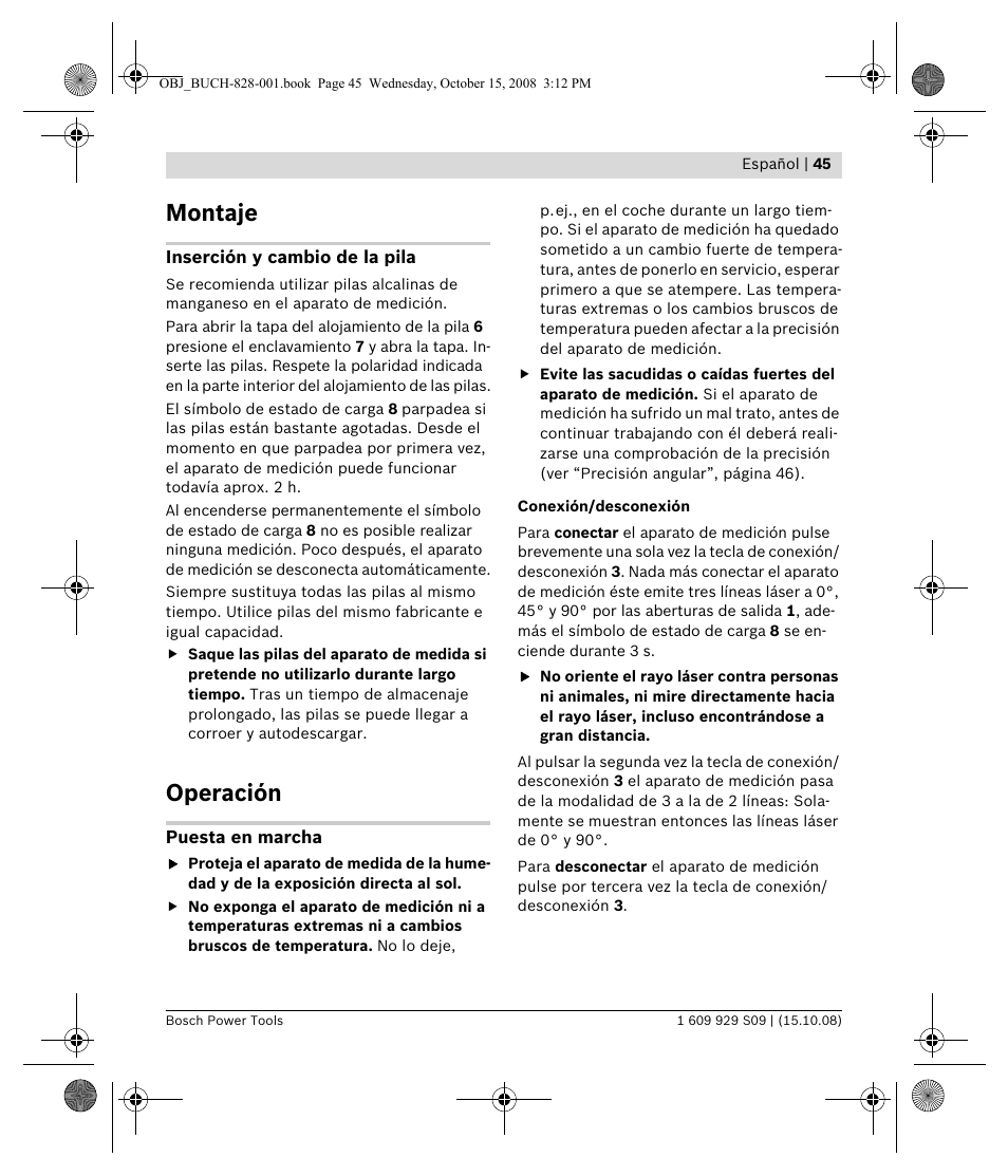 Montaje, Operación | Bosch GTL 3 Professional User Manual | Page 45 / 368