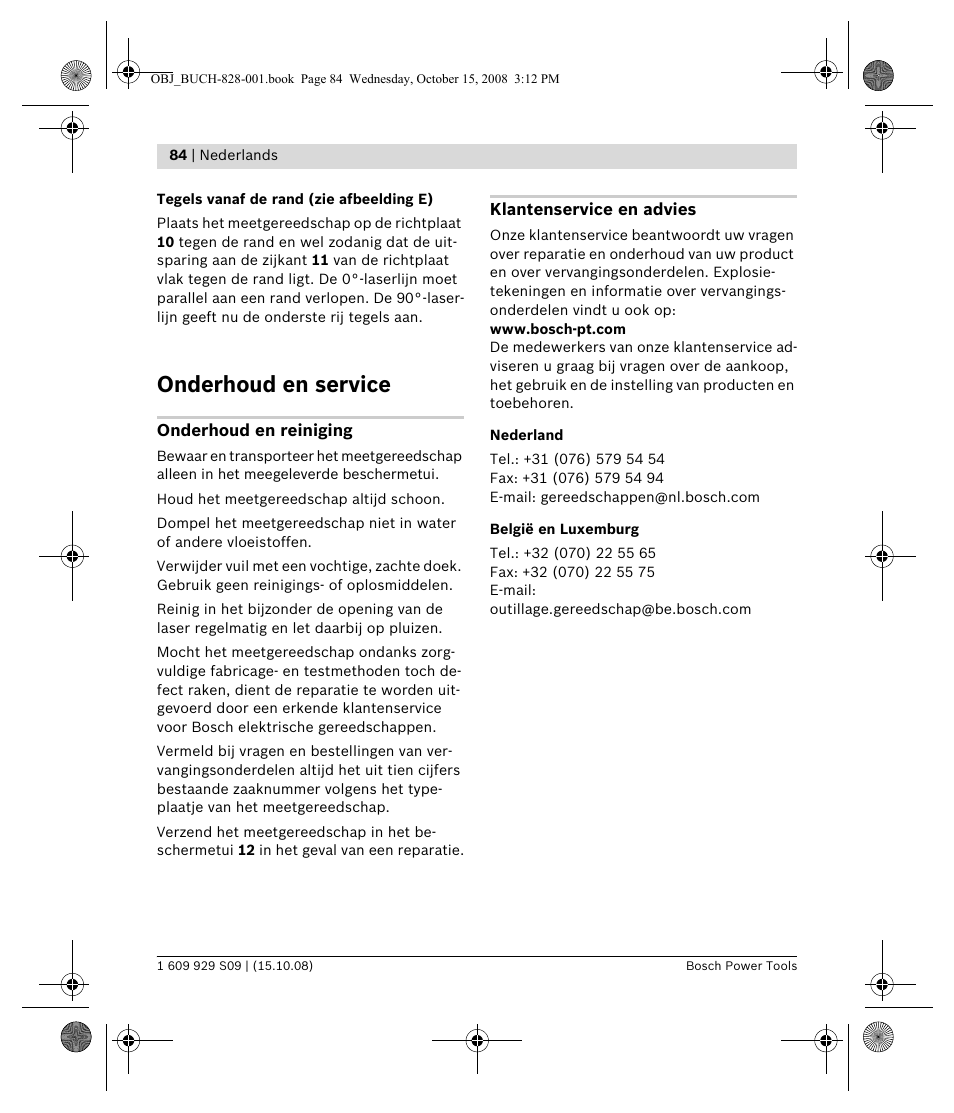 Onderhoud en service | Bosch GTL 3 Professional User Manual | Page 84 / 368