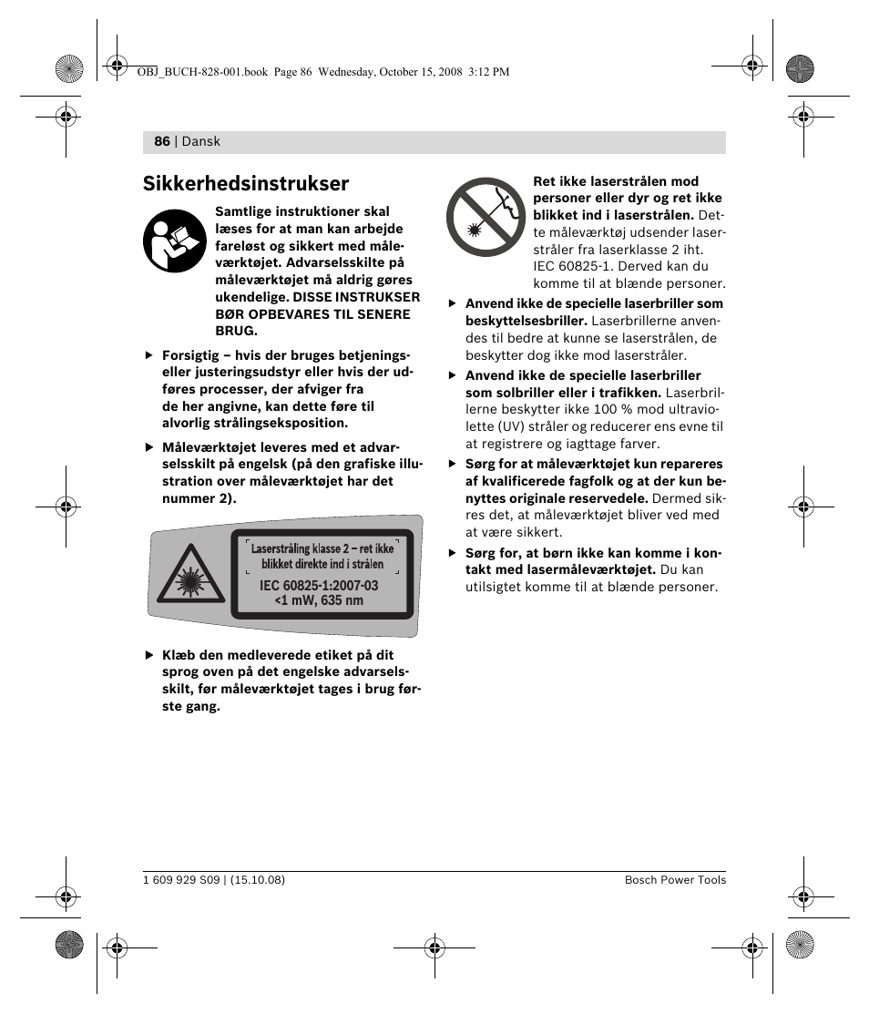 Sikkerhedsinstrukser | Bosch GTL 3 Professional User Manual | Page 86 / 368