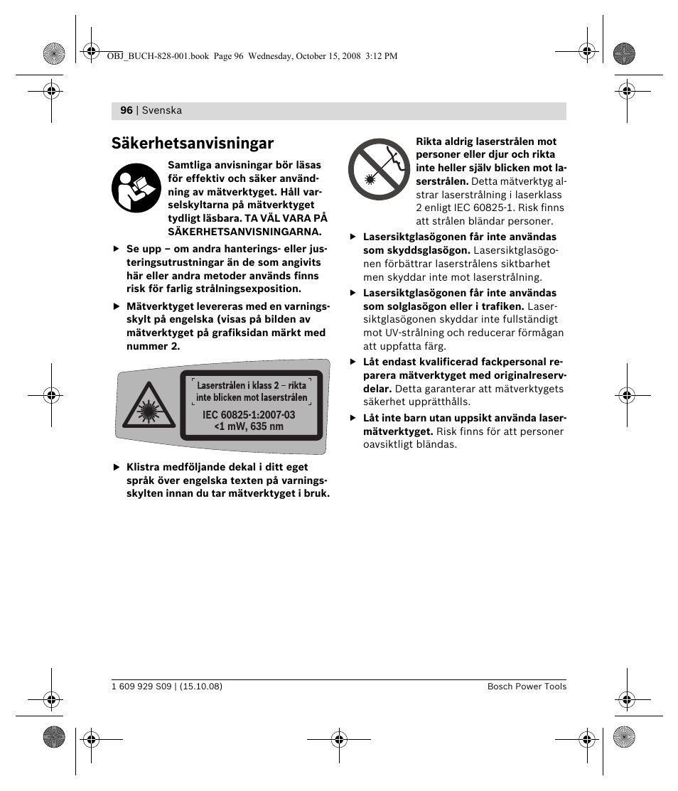 Säkerhetsanvisningar | Bosch GTL 3 Professional User Manual | Page 96 / 368