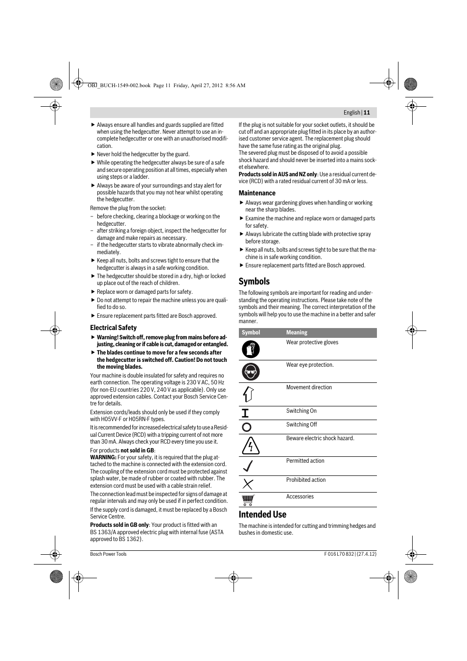 Symbols, Intended use | Bosch AHS 45-26 User Manual | Page 11 / 168