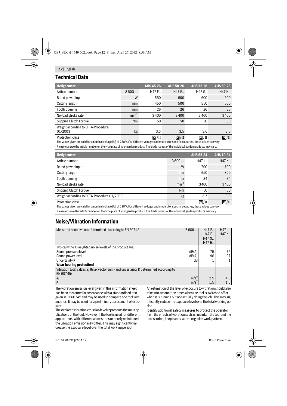 Technical data noise/vibration information | Bosch AHS 45-26 User Manual | Page 12 / 168