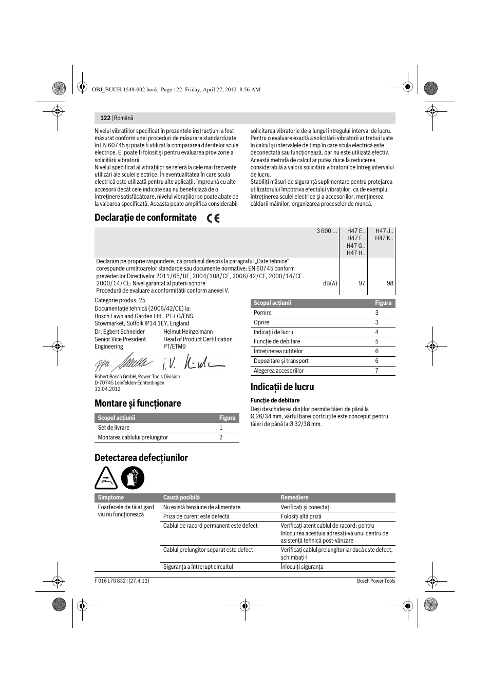 Declaraţie de conformitate, Montare şi funcţionare indicaţii de lucru, Detectarea defecţiunilor | Bosch AHS 45-26 User Manual | Page 122 / 168