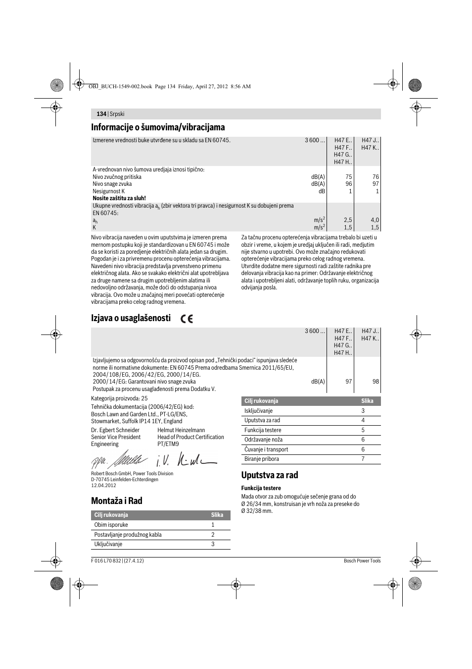 Informacije o šumovima/vibracijama, Izjava o usaglašenosti, Montaža i rad uputstva za rad | Bosch AHS 45-26 User Manual | Page 134 / 168