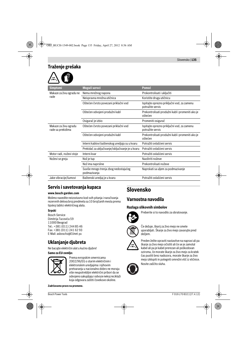 Slovensko, Traženje grešaka servis i savetovanja kupaca, Uklanjanje djubreta | Varnostna navodila | Bosch AHS 45-26 User Manual | Page 135 / 168