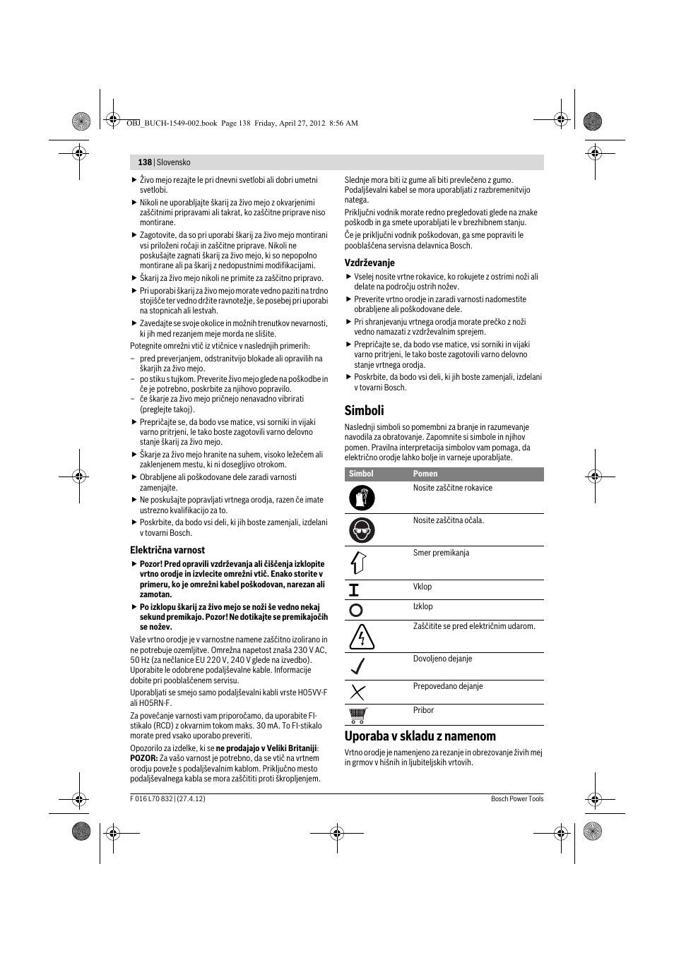 Simboli, Uporaba v skladu z namenom | Bosch AHS 45-26 User Manual | Page 138 / 168