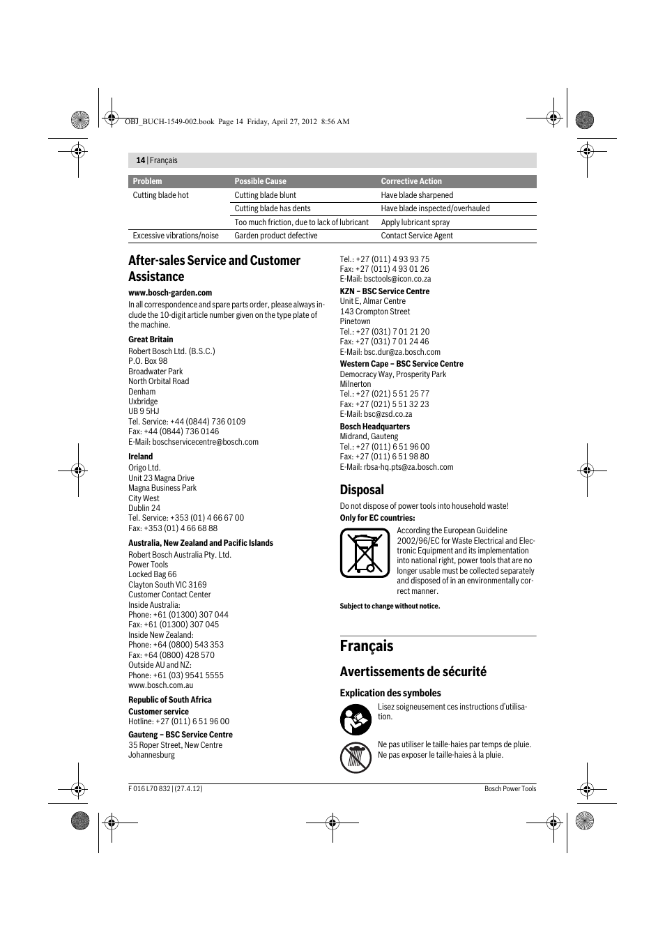 Français, After-sales service and customer assistance, Disposal | Avertissements de sécurité | Bosch AHS 45-26 User Manual | Page 14 / 168