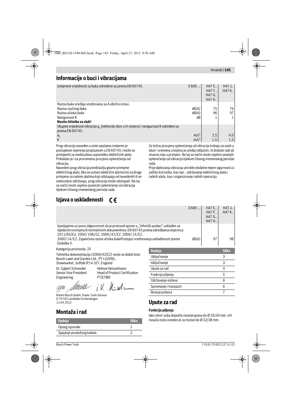 Informacije o buci i vibracijama, Izjava o usklađenosti, Montaža i rad upute za rad | Bosch AHS 45-26 User Manual | Page 145 / 168