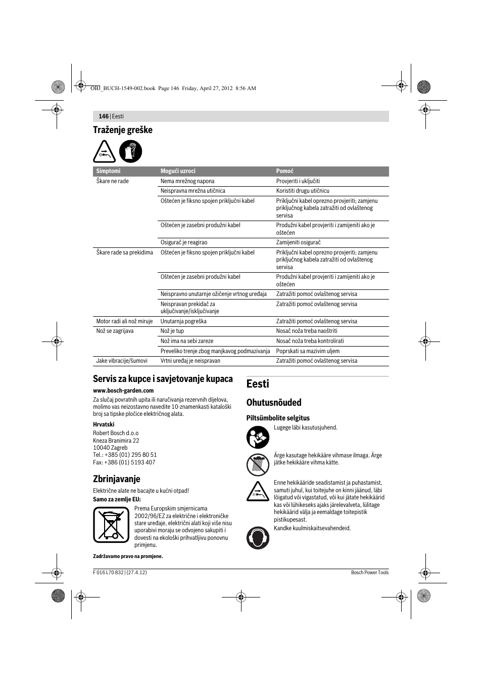 Eesti, Zbrinjavanje, Ohutusnõuded | Bosch AHS 45-26 User Manual | Page 146 / 168