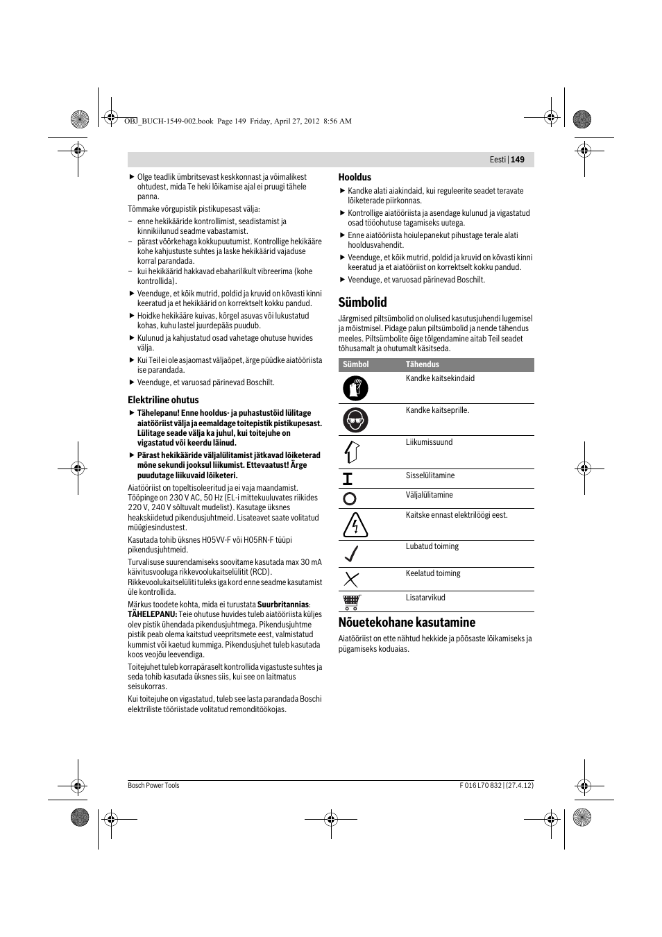 Sümbolid, Nõuetekohane kasutamine | Bosch AHS 45-26 User Manual | Page 149 / 168