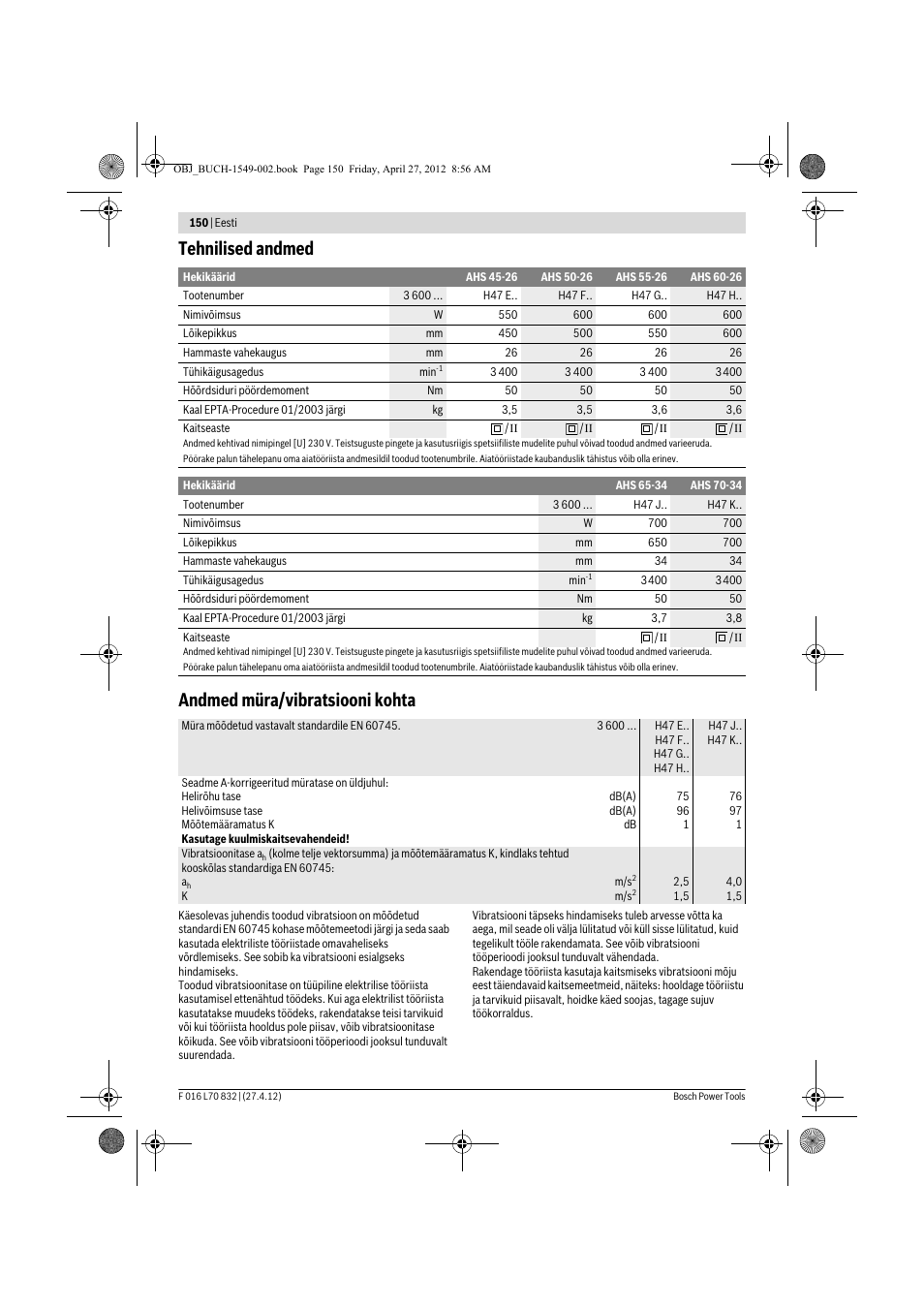 Tehnilised andmed andmed müra/vibratsiooni kohta | Bosch AHS 45-26 User Manual | Page 150 / 168