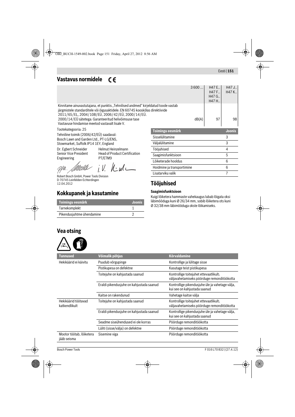 Vastavus normidele, Kokkupanek ja kasutamine tööjuhised, Vea otsing | Bosch AHS 45-26 User Manual | Page 151 / 168