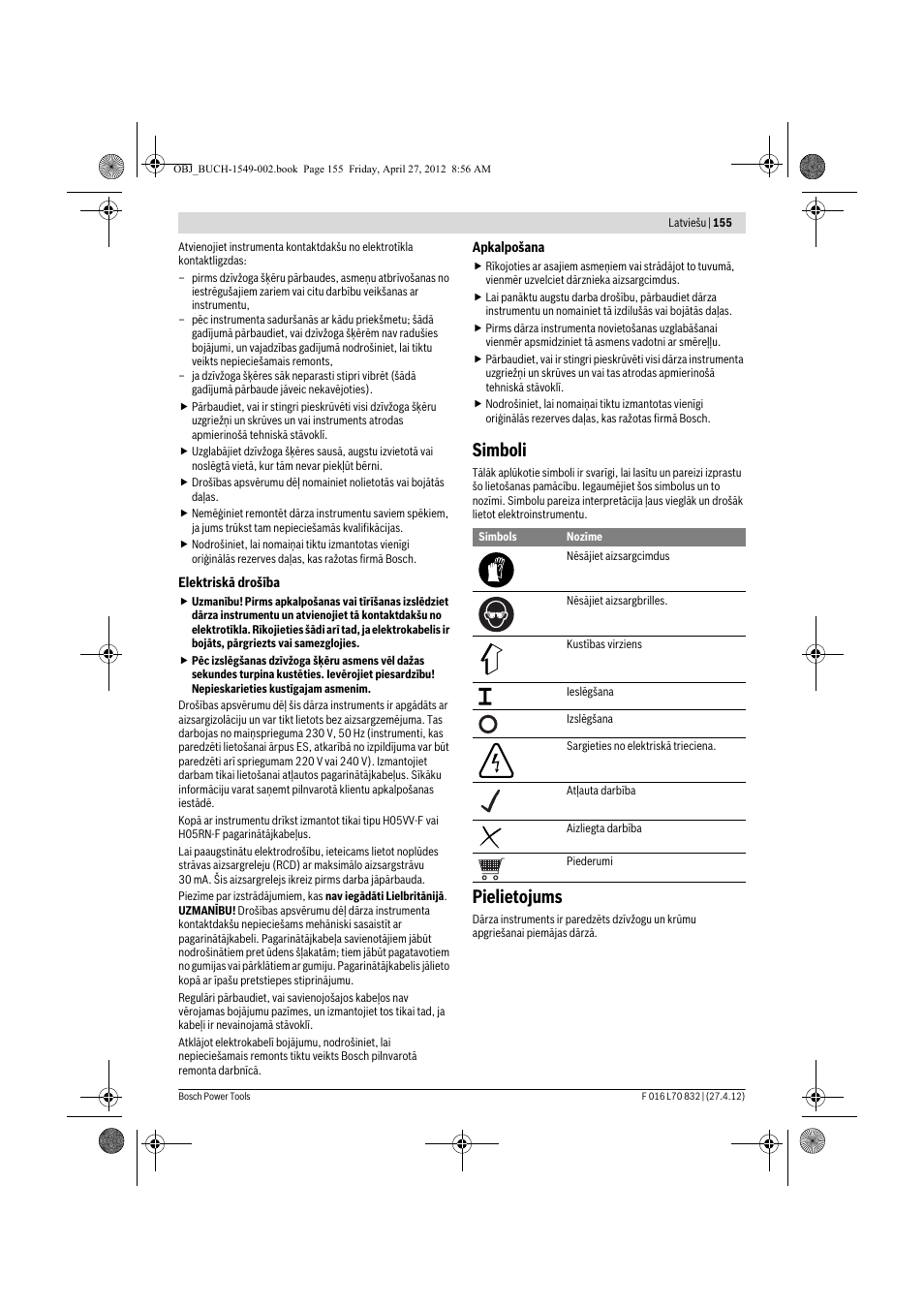 Simboli, Pielietojums | Bosch AHS 45-26 User Manual | Page 155 / 168