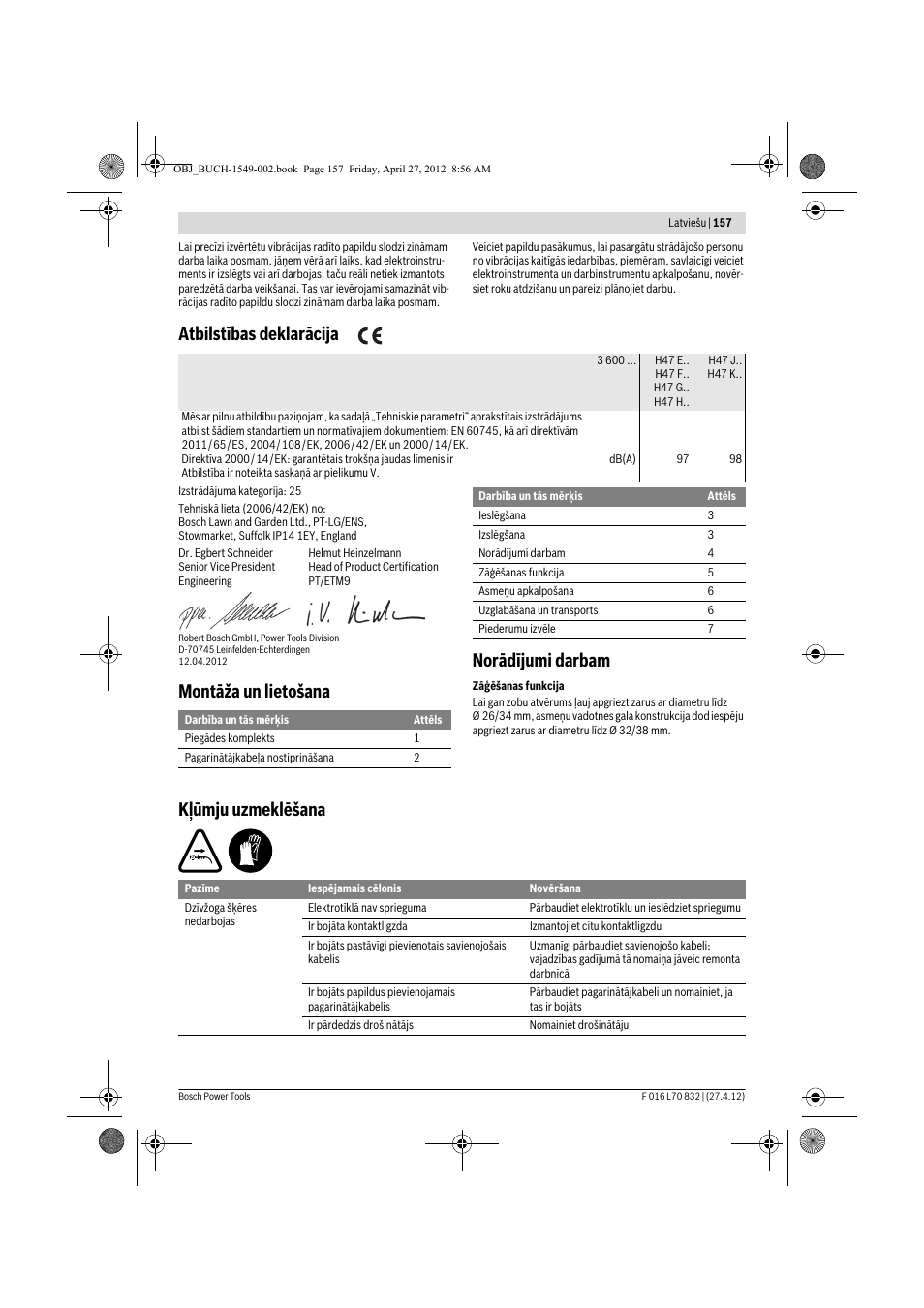 Atbilstības deklarācija, Montāža un lietošana norādījumi darbam, Kļūmju uzmeklēšana | Bosch AHS 45-26 User Manual | Page 157 / 168