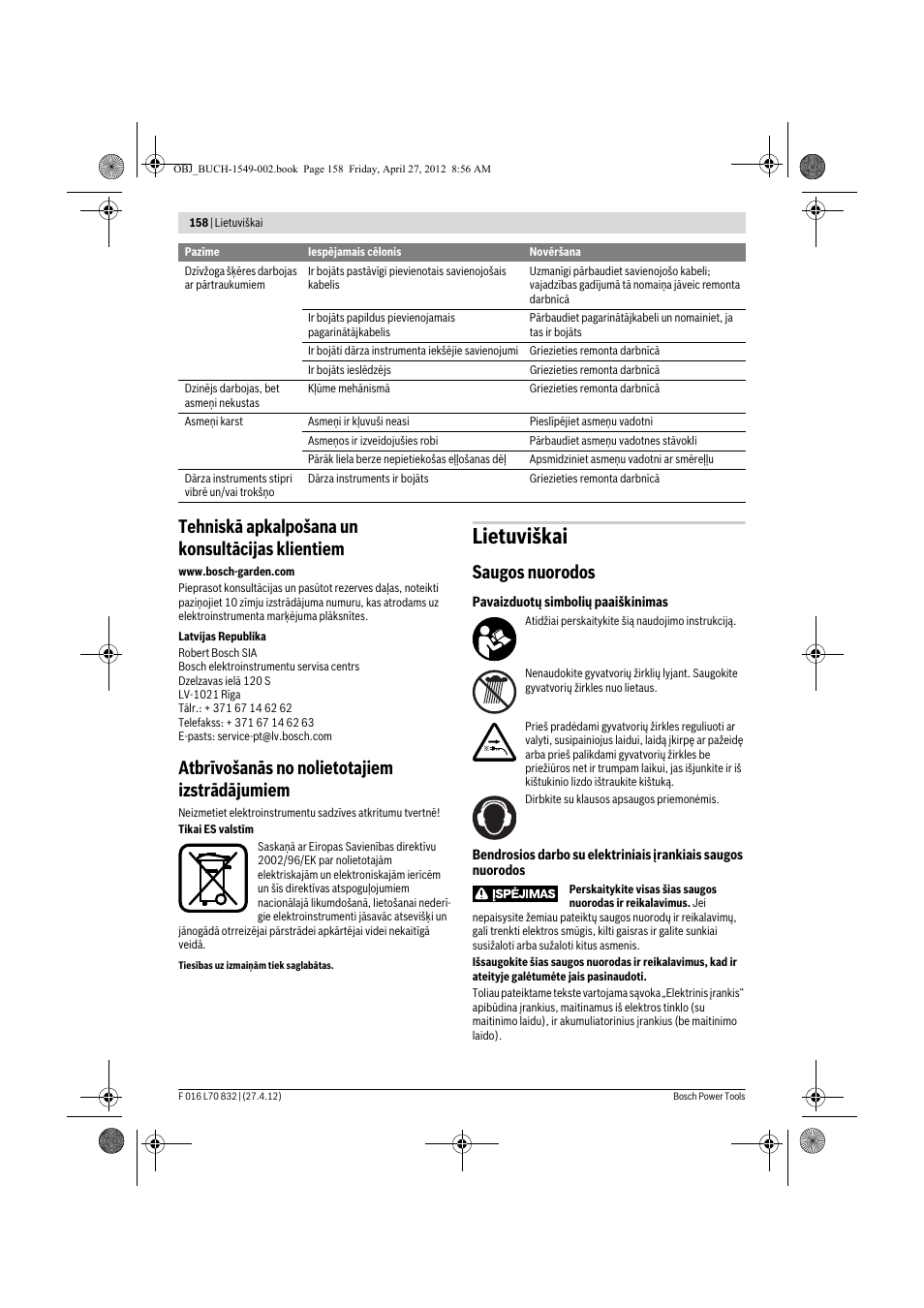 Lietuviškai, Tehniskā apkalpošana un konsultācijas klientiem, Atbrīvošanās no nolietotajiem izstrādājumiem | Saugos nuorodos | Bosch AHS 45-26 User Manual | Page 158 / 168