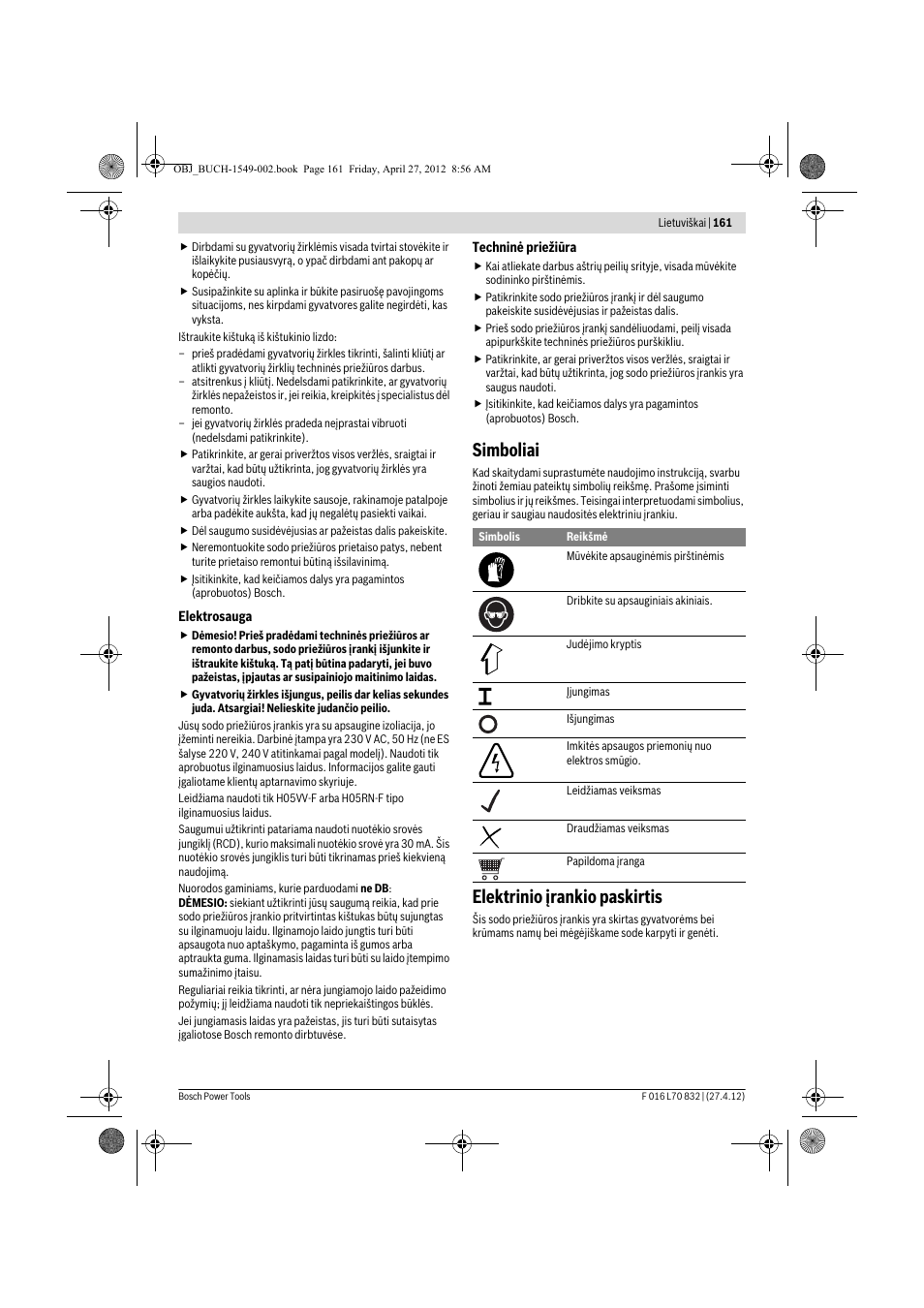 Simboliai, Elektrinio įrankio paskirtis | Bosch AHS 45-26 User Manual | Page 161 / 168