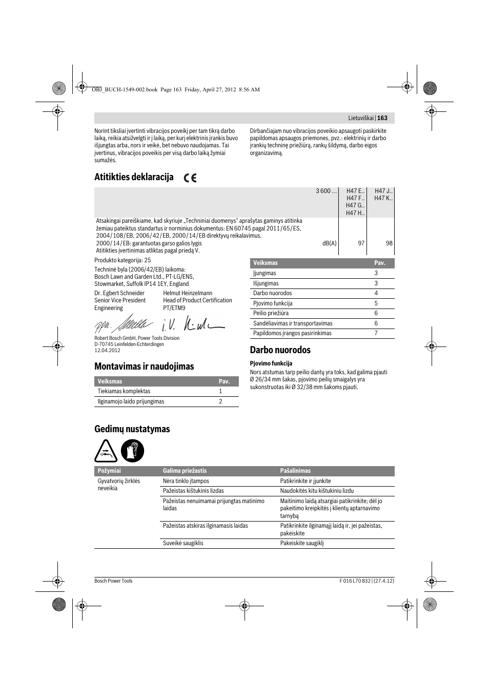 Atitikties deklaracija, Montavimas ir naudojimas darbo nuorodos, Gedimų nustatymas | Bosch AHS 45-26 User Manual | Page 163 / 168