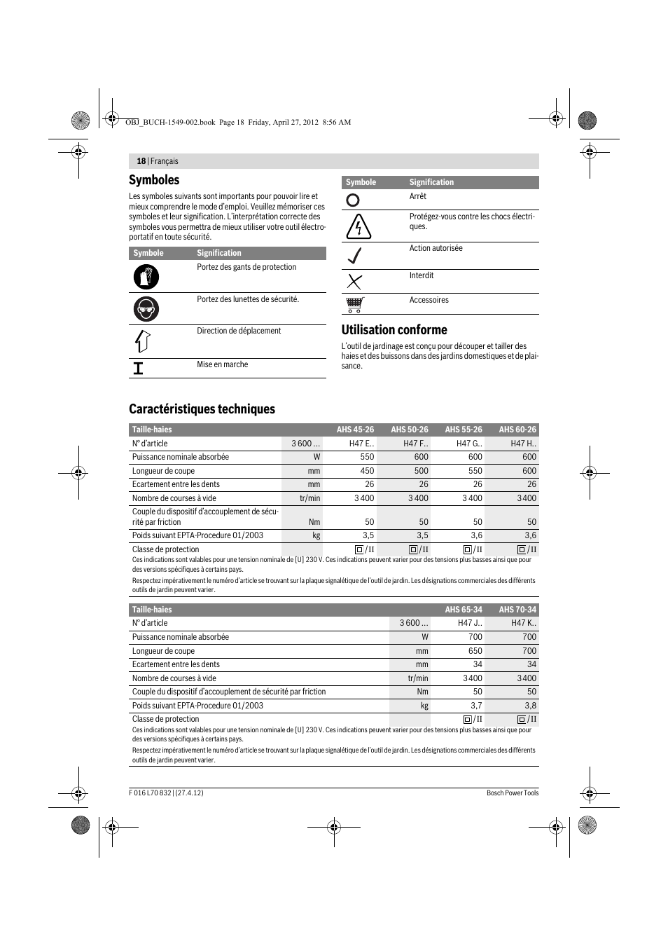 Symboles, Utilisation conforme, Caractéristiques techniques | Bosch AHS 45-26 User Manual | Page 18 / 168