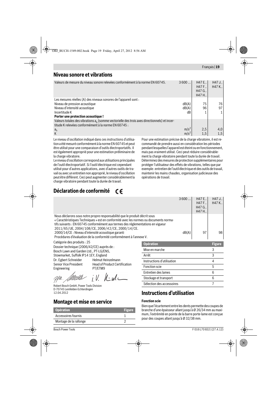 Niveau sonore et vibrations, Déclaration de conformité | Bosch AHS 45-26 User Manual | Page 19 / 168