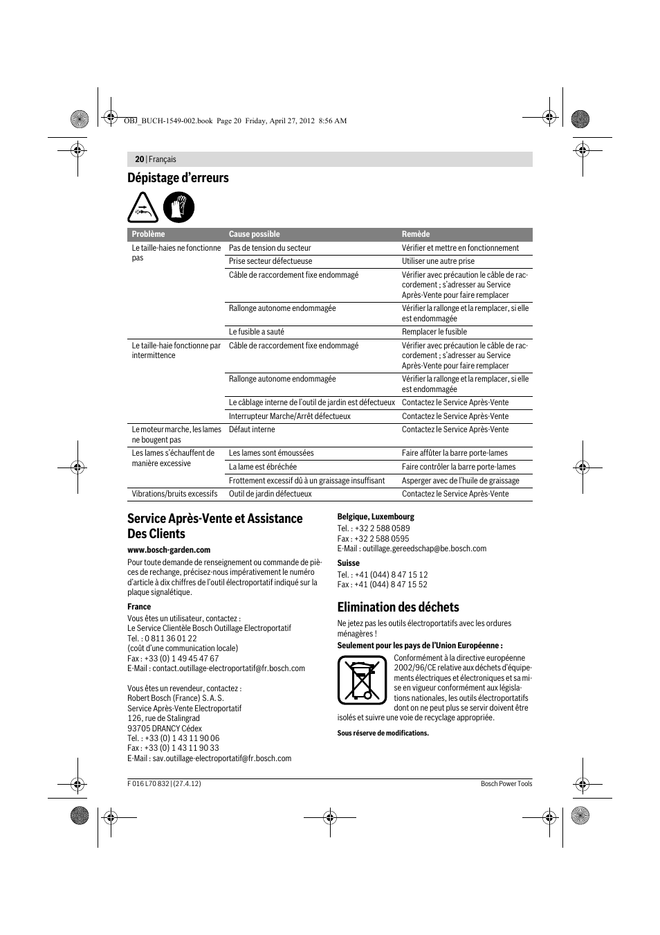 Elimination des déchets | Bosch AHS 45-26 User Manual | Page 20 / 168