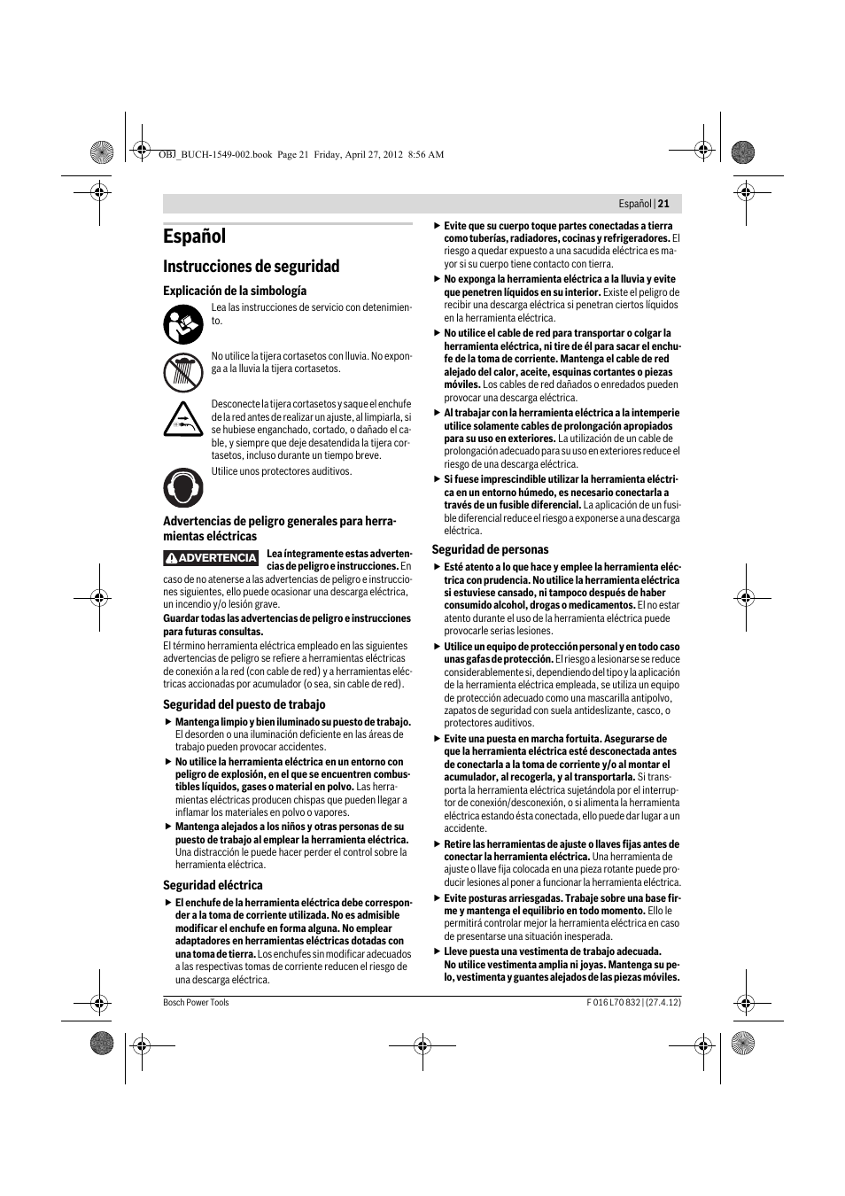 Español, Instrucciones de seguridad | Bosch AHS 45-26 User Manual | Page 21 / 168