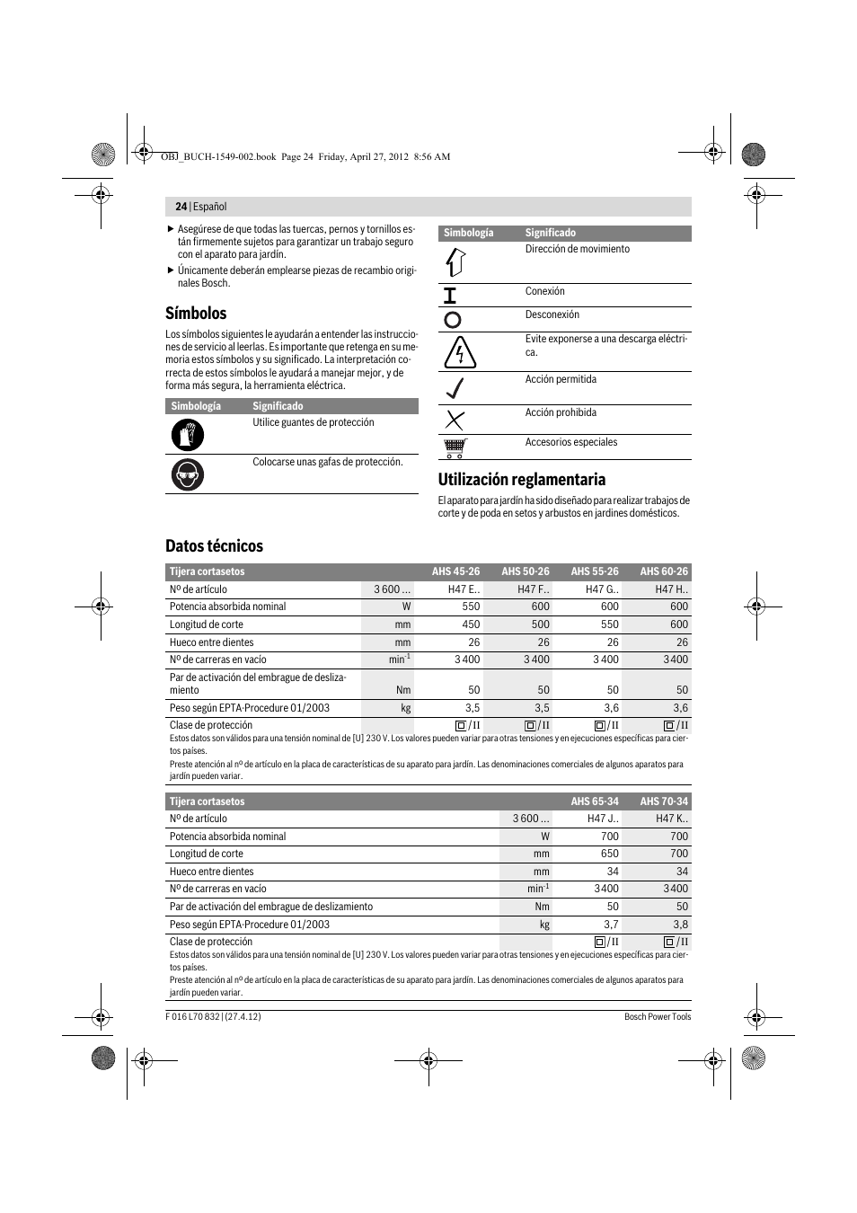 Símbolos, Utilización reglamentaria, Datos técnicos | Bosch AHS 45-26 User Manual | Page 24 / 168