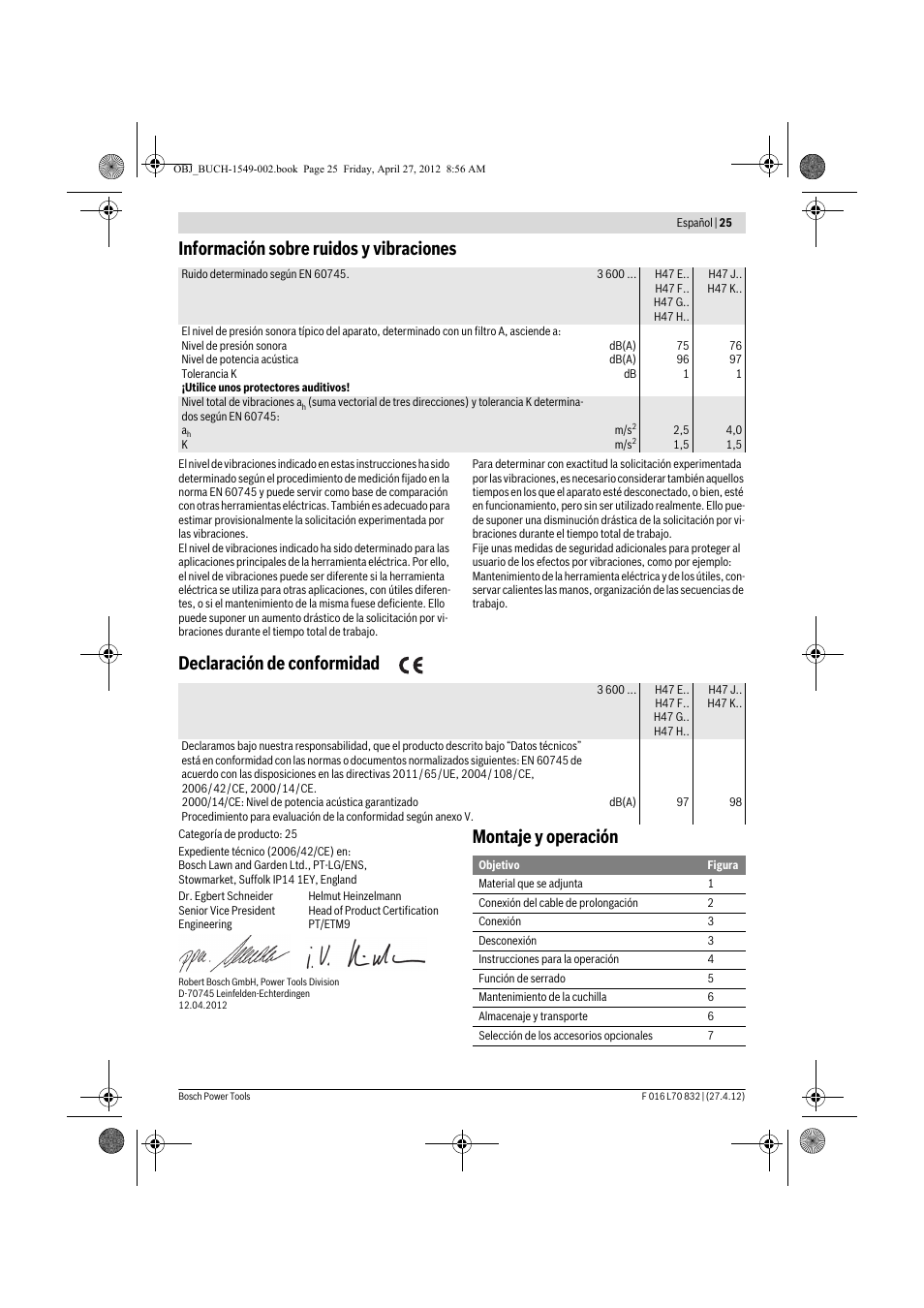 Información sobre ruidos y vibraciones, Declaración de conformidad, Montaje y operación | Bosch AHS 45-26 User Manual | Page 25 / 168