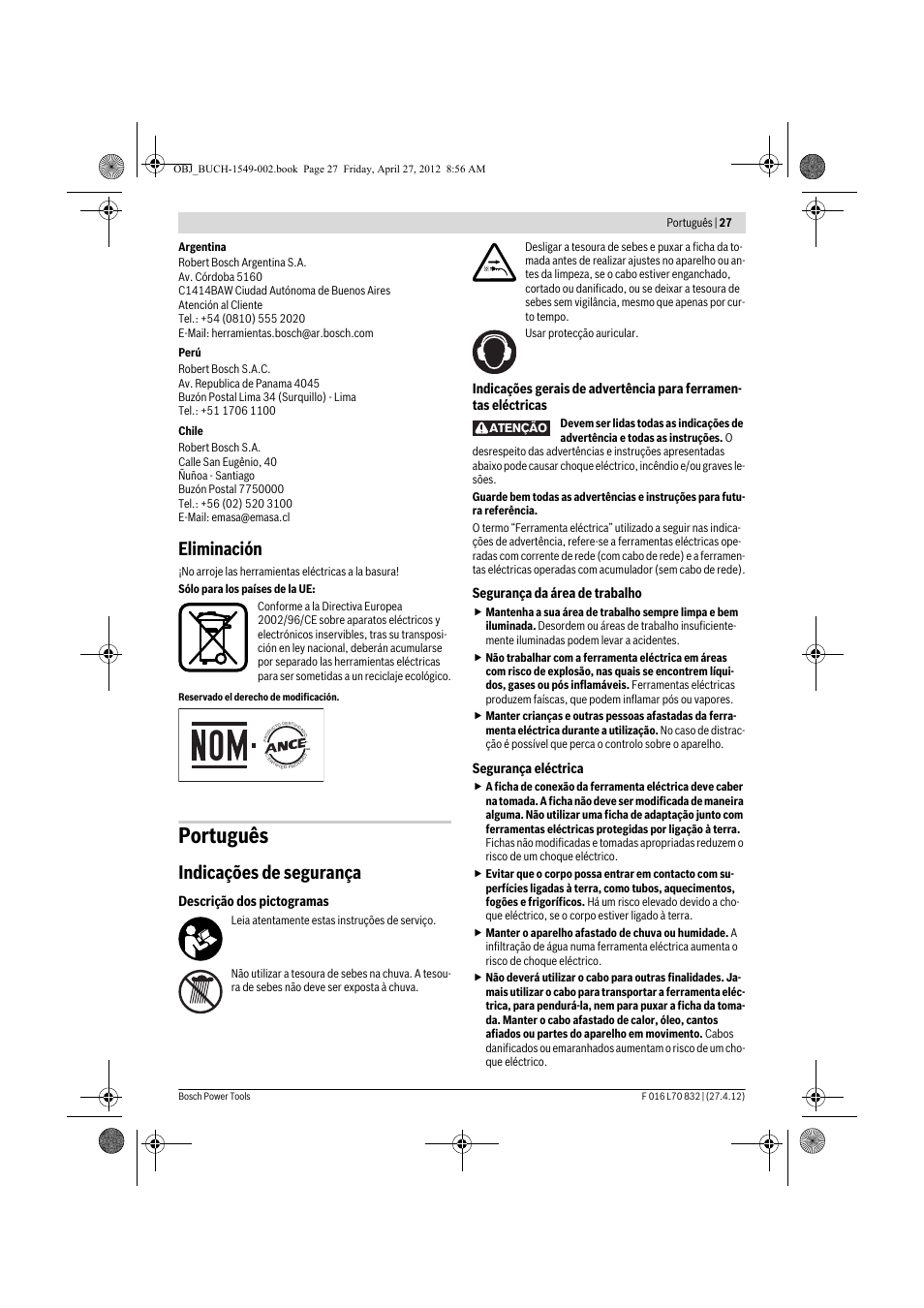 Português, Eliminación, Indicações de segurança | Bosch AHS 45-26 User Manual | Page 27 / 168