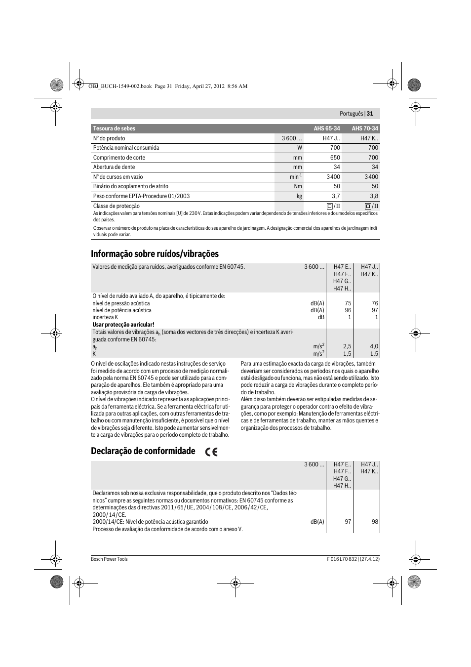 Informação sobre ruídos/vibrações, Declaração de conformidade | Bosch AHS 45-26 User Manual | Page 31 / 168